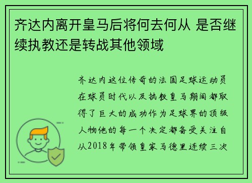 齐达内离开皇马后将何去何从 是否继续执教还是转战其他领域